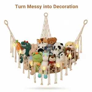 New 60inch BohoToyHammock with Star LED String Lights – Hanging Corner Net Bag, Soft Cotton Stuffed Animal Organizer for Kids Room