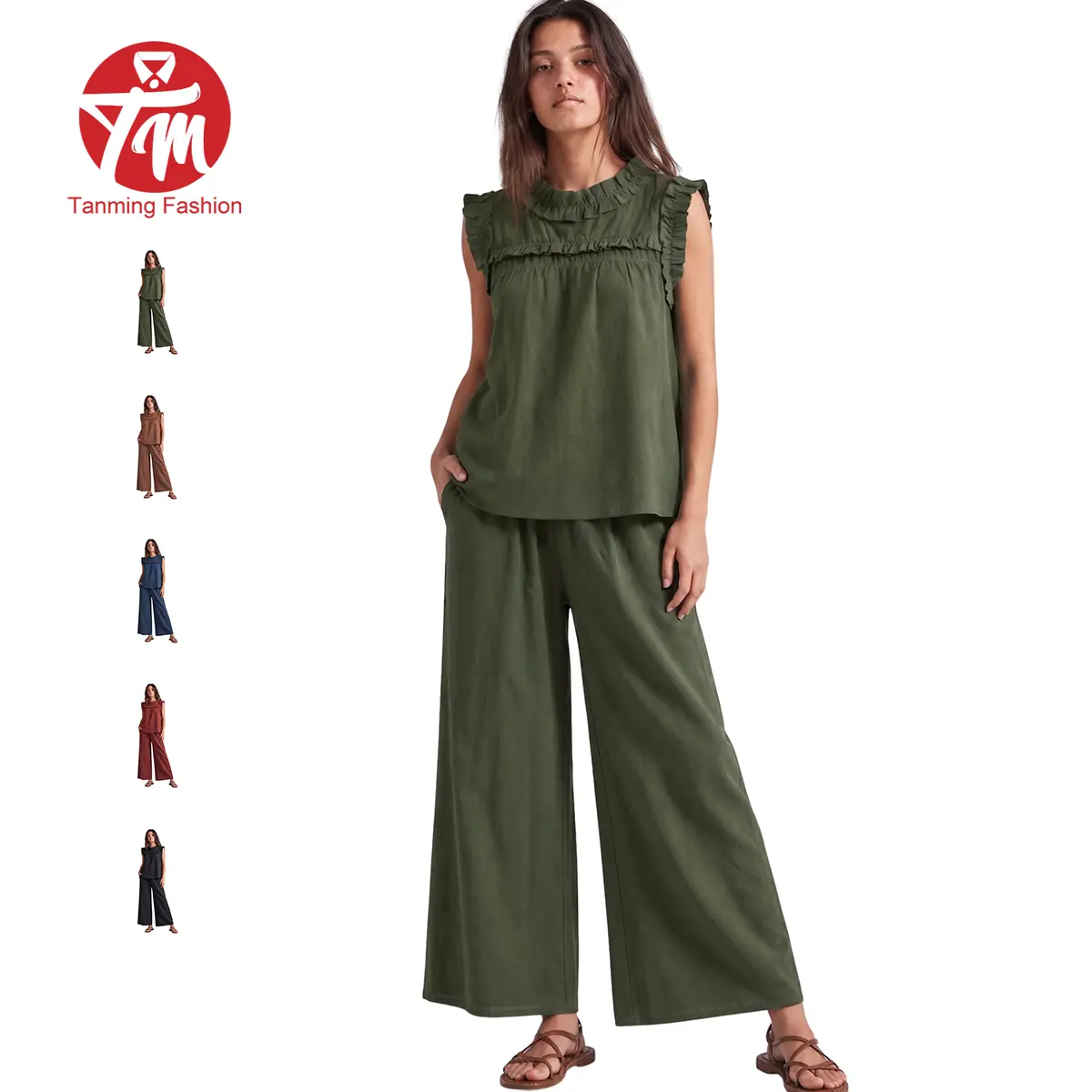 Tanming Women's 2-Piece Cotton Linen Set, Chic Casual Summer Loungewear with Loose-Fit Round Neck Sleeveless Ruffle Top and Wide Leg Pants, Casuallook, Basic, Women's Clothes, Elegant, Top&Pants, 2 Piece Sets, Matching Sets For Women