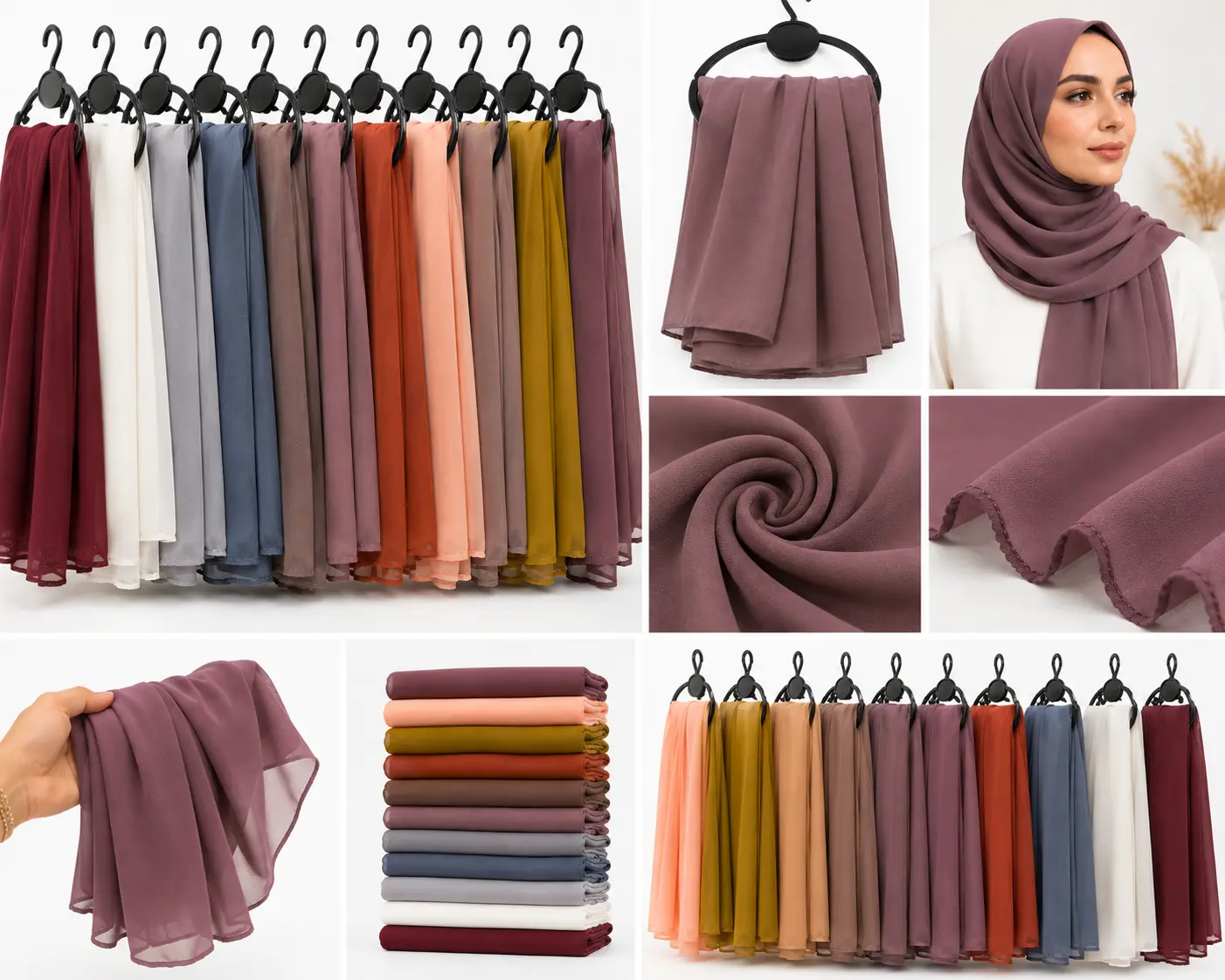 Premium Soft Chiffon Hijab - 70 x 180 cm Lightweight Women's Scarf in Burgundy, White, Charcoal Gray, Dove Gray, Slate Blue, Taupe, Dusty Mauve, Rust, Soft Peach, Mustard Gold, Camel Tan, Mocha Brown, Royal Purple & Plum Purple