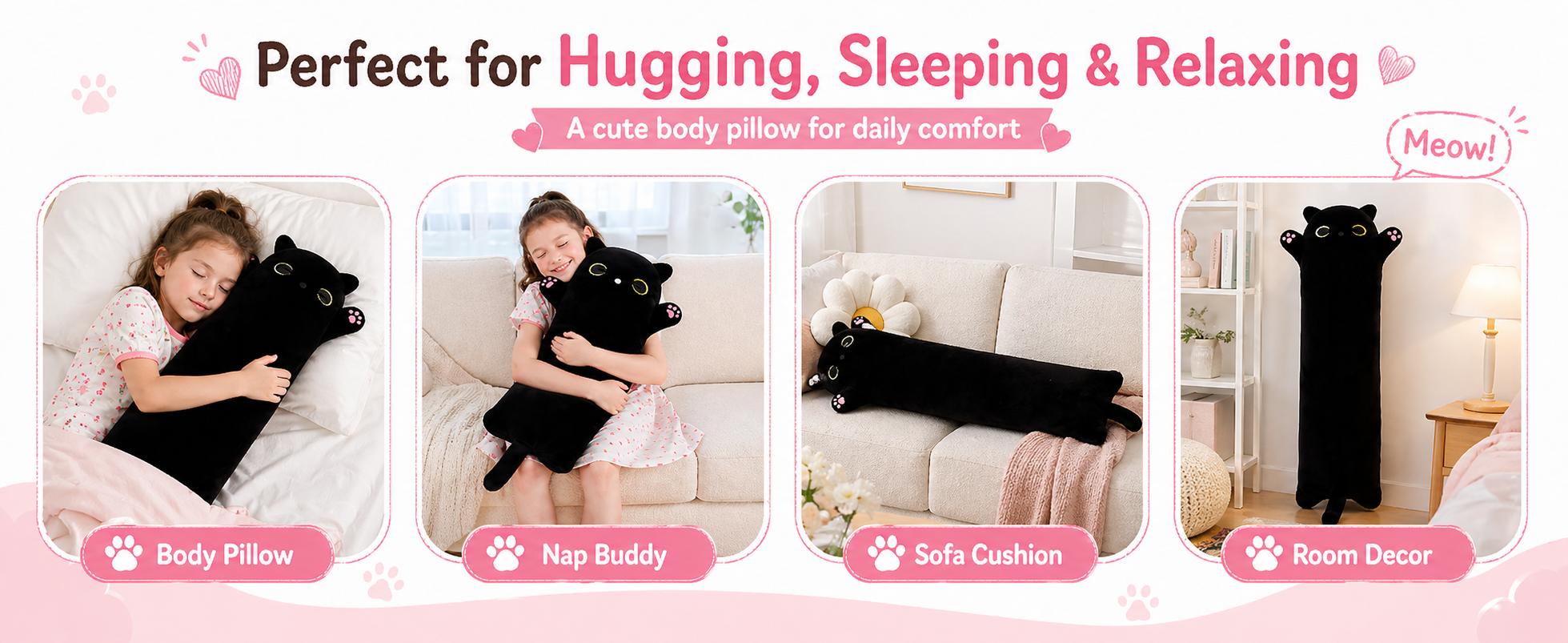 CHUBBYJOY Long Black Cat Plush Body Pillow, 20" 27" 35" 43" Soft Stuffed Cat Pillow with Raised Paws and Long Tail, Kawaii Cat Hugging Cushion for Kids Teens Adults CHUBBYJOY Long Black Cat Plush Body Pillow, 20" 27" 35" 43" Soft Stuffed Cat Pillow with Raised Paws and Long Tail, Kawaii Cat Hugging Cushion for Kids Teens Adults
