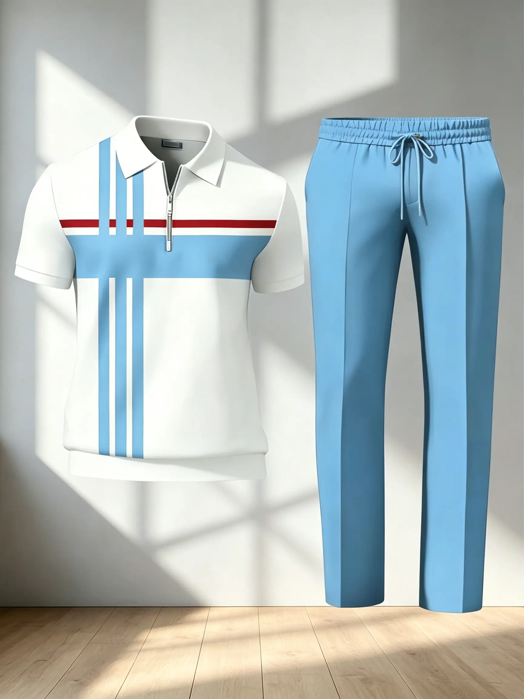 Men’s two-piece set: 3D digital print half-zip striped polo shirt and long pants; everyday versatile color-block short-sleeve collared pants set; summer casual men’s outfit for daily commuting.