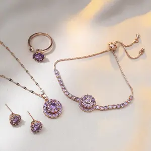 5PCS Purple Rotating Jewelry Set, Necklace for Women Rotating Micro Paved Zircon Pendant Earrings Ring Bracelet Set Clavicle Chain