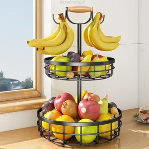 2-Tier Fruit Basket Bowl Vegetable Storage with Dual Banana Tree Hanger and Wooden carry Handle, Kitchen Countertop Metal Wire Basket for Bread Onions Potatoes Organiser HangableASageLiving27
