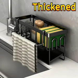 Thick Multi-Functional Kitchen Sink Organizer Rack with Towel Holder, Metal Sponge Holder, Dish Soap Box, Self-Draining Tray, &