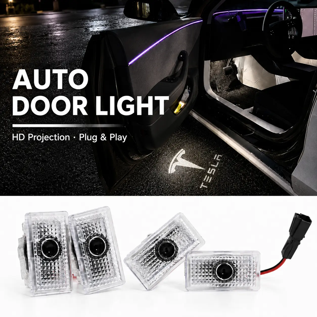 LED Door Welcome Light Compatible with Tesla Model 3/Y/X/S, HD Projection, Plug & Play