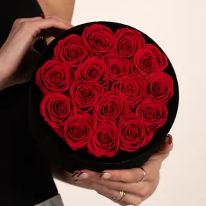 16 Red Roses in Round Velvet Box - Decorative Flower Bouquet Rose Forever Birthday Anniversary Girlfriend Gift Preserved Roses Valentine's Day Gift eternal  flower