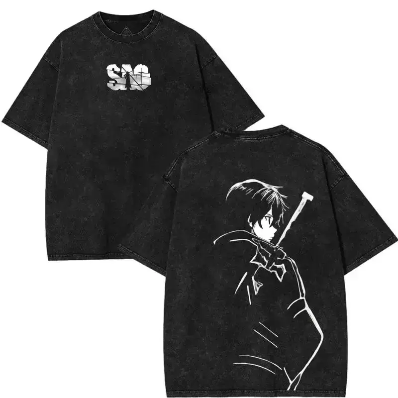 Oversized Vintage Acid Wash Sword Art Online Graphic Tee Men SAO Kirito Black Swordsman Dark Anime Shirt Y2K Grunge Opium Streetwear Gym Pump Cover Heavyweight Lifting Workout TShirt Distressed Kazuto Gamer Top Alt Clothing Manga Aesthetic
