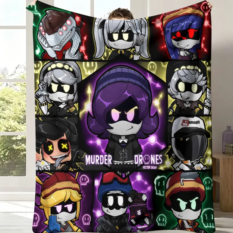 Murder Drones Fan Fleece Blanket - Stylized Grid Panel Layout, Central Purple Hexagon Uzi Portrait, Surrounding Main Chibi Drone Characters, Neon Glow Circuit & Skull Print, Lightweight, Ideal for Dark Moody Decor Sci-Fi Animation Holiday Gifts, Fleece Fa