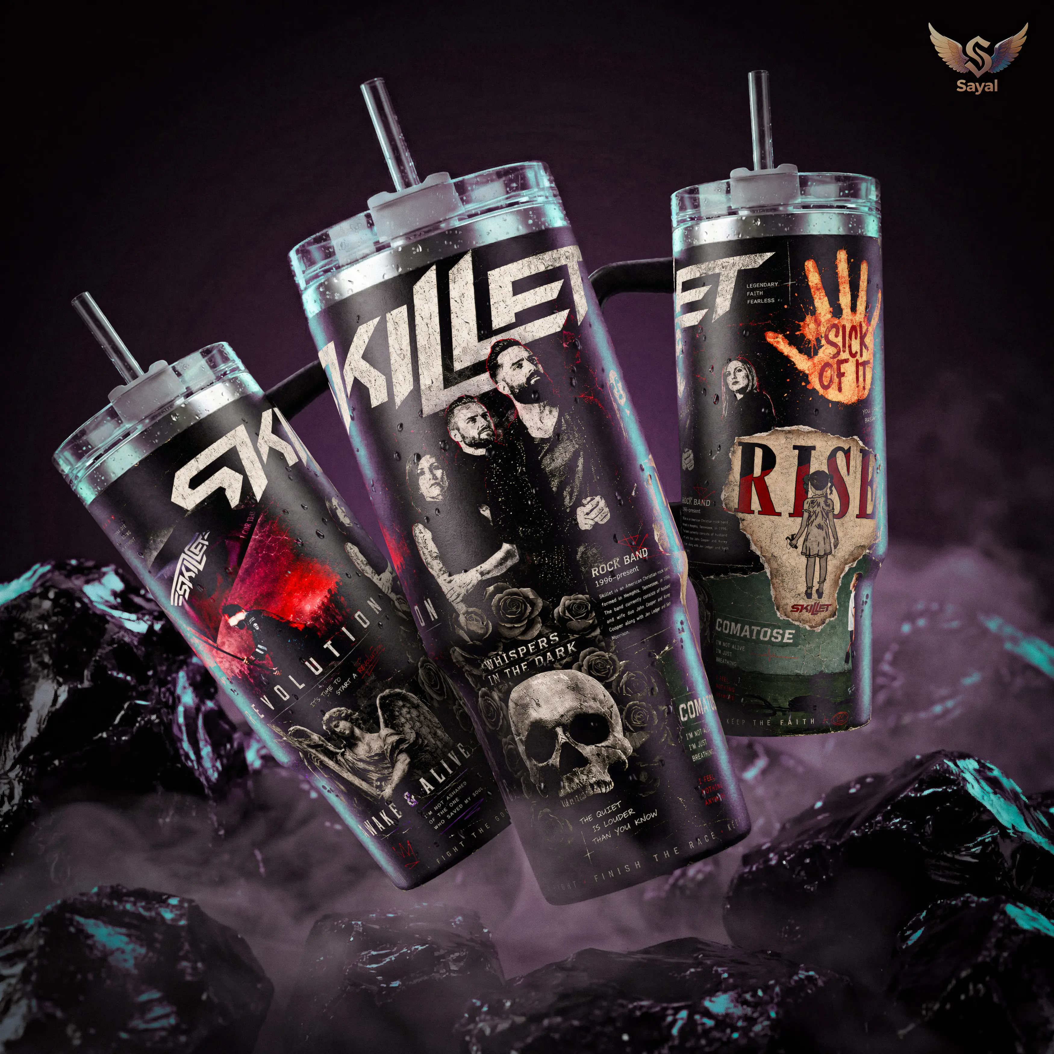 Skillet Revolution Awake Alive 40oz 20oz Vacuum Insulated Tumbler Handle Straw Skull Roses Graphic Keeps Drinks Hot/Cold 12H+, 18/8 Stainless Steel Travel Mug for Rock Fans & Christian Music Lovers, Dark Aesthetic Merch Gift