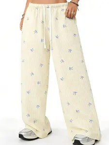 "Women's Yellow Striped Wide Leg Pants, Blue Bow Print Drawstring Trousers | #WideLegPants #BowPrint #CasualLoungewear "