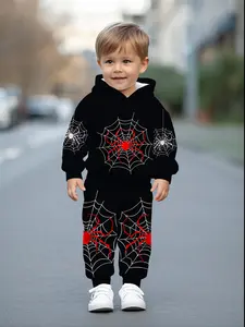 Boy's hooded sweatshirt set with spider web print, suitable for outdoor activities, sports and casual wear, providing a comfortable outfit for children., Perfect for Outdoor