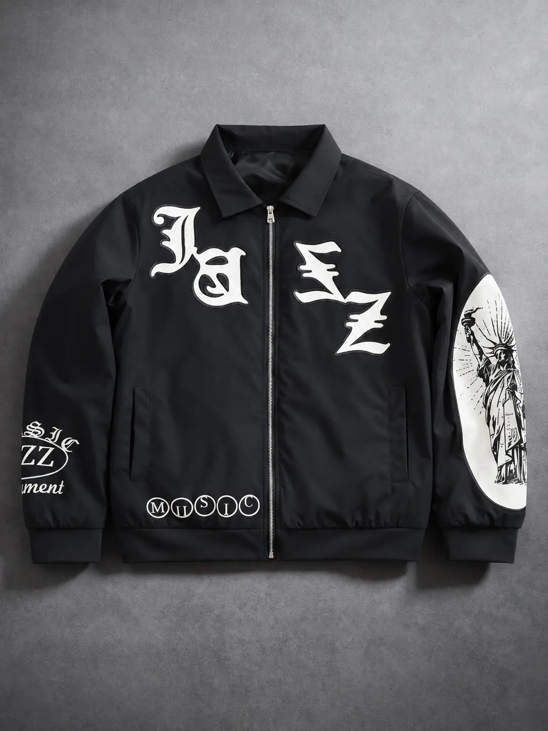 Men's Streetwear Bomber Jacket with Statue of Liberty Graphic, Stand Collar Zip Up Varsity Coat, Letter Print Lightweight Casual Outerwear, Trendy Hip Hop Motorcycle Jacket for Daily Wear, Parties, Travel, Fall and Spring Fashion, Urban Style Coat for Men
