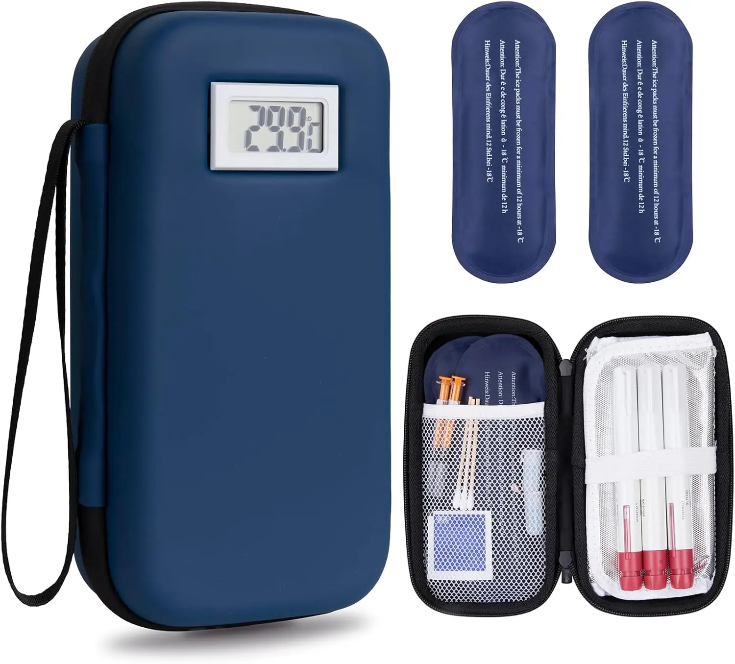 Diabetic Insulin Travel Case with Temperature Display, TSA Approved Ice Packs, Refrigerated Medicine for Daily Use and Trips (Blue)