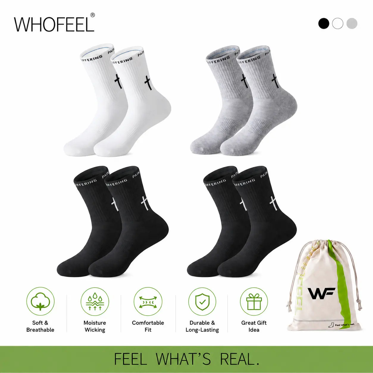 WHOFEEL 4 Pairs Crew Socks for Men & Women, Soft Breathable Cotton Blend, Simple Fit Casual Socks in Classic Black, White & Gray for Everyday Wear
