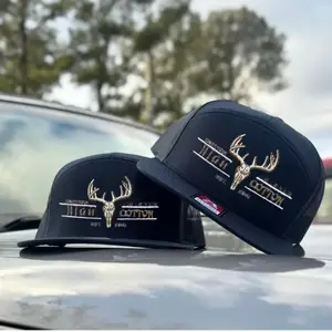 Deer Skull Hunting Embroidered Hat – 7 Panel Trucker Snapback in Brown, Khaki, Brackish, White, Black & Grey Bottomland Camo – Unisex Fitted Dad Hat, Perfect Gift for Husband, Friends & Family