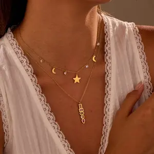 Stainless Steel Color Zircon Star Pendant Necklace - European & American Fashion, Statement, Cool, Casual Style, Chain Links, Colorful Statement Necklaces
