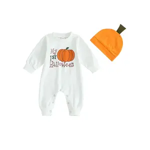 Imcute 2Pcs Neutral Outfits Newborn Baby Boy Girl Pumpkin Romper Jumpsuit My 1st Halloween Clothes with Hat