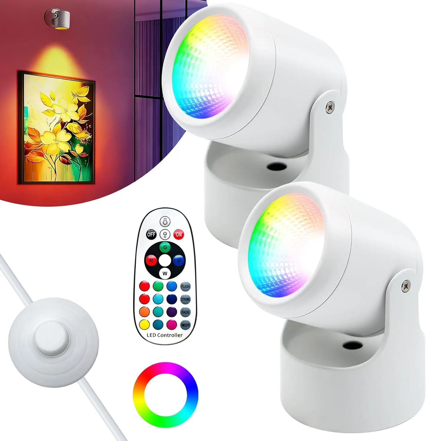 2PCS LED Up Lights Indoor Spotlight with Remote & Foot Switch, 6W RGBW Plug-in Accent Uplight for Plant, Picture, Artwork, Party Decor, Color Changing Floor Spotlights with Memory Function,White