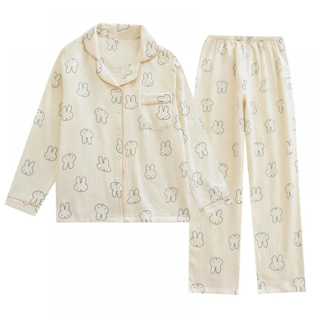 Women's Miffy All-Cotton Long-Sleeve Collared Cardigan Pajama Set - Kawaii Cotton Gauze Lady Home Wear, Casual Spring-Summer Clothes