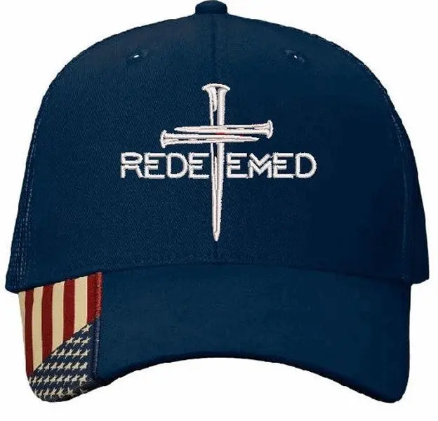 Christian Hats for Men or Women Redeemed Christian Cross Cross Adjustable Embroidered Hat with USA Flag Brim