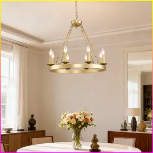 Wagon Wheel Chandelier Farmhouse Modern Small Round Chandelier for Living Room Kitchen Island Foyer Hallway Entryway Bedroom Dining Room Light Fixture Ceiling Hanging--Gold-E12--No Included Bulbs