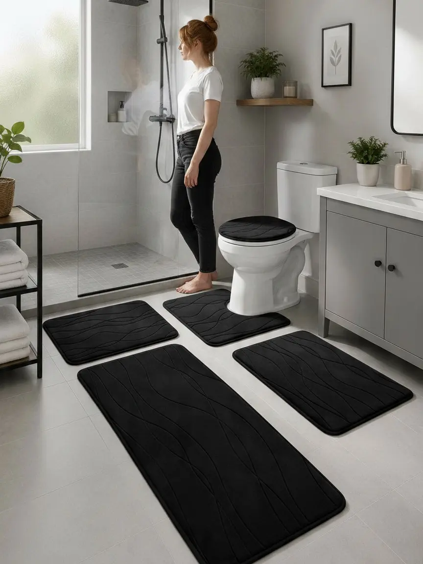 3/5-Piece Bathroom Rug Set, Ultra Soft Flannel Bath Mats, Full Bathroom Coverage