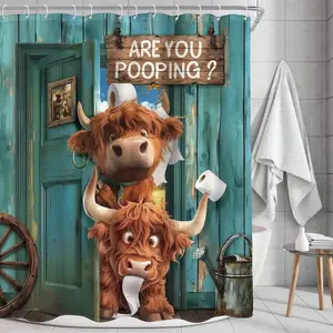 Funny Highland Cow Shower Curtain, "Are You Pooping" Rustic Wooden Door Bathroom Decor