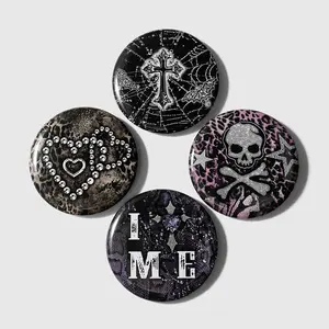 Set of 4 Y2K retro sweet-cool edgy dark gothic pins/badges featuring cross, heart, leopard print, skull, star, spider web, bat wings prints; available in multiple colors; silver pin/badge; brooch/pin; bag charm; combo set suitable for sisters and best fri