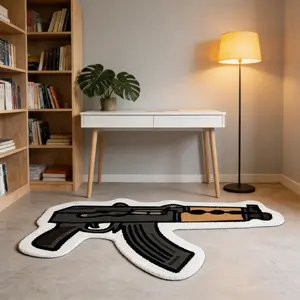 firearm shaped irregular carpet, Home Decor Rug, black brown contrasting velvet floor mat, e-sports room, Study area anti slip and wear-resistant foot mat, suitable for Instagram style/boys' trendy play home decoration