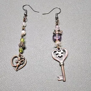 Vintage Beaded Mixmatch Earrings with Heart Charms and Key Design - Unique Bead Patterns Included