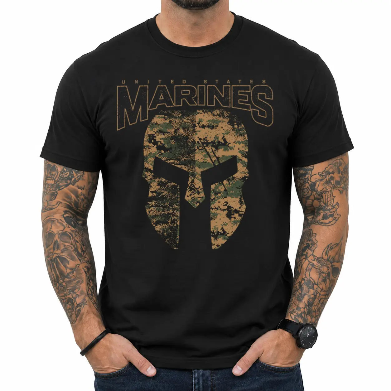 USMC Spartan Helmet Graphic T-Shirt, Marine Corps Patriotic Military Tee, Spartan Warrior USMC Shirt, Veteran Support Graphic Tee, Tactical American Pride Unisex Shirt