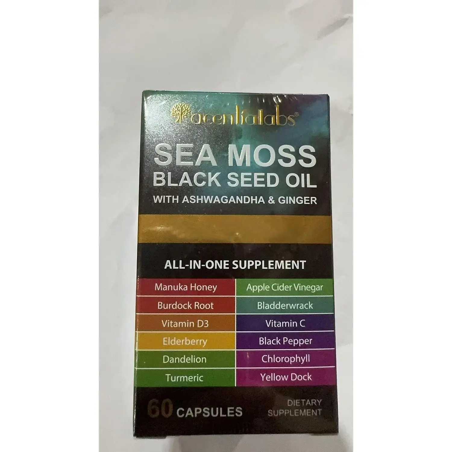 Sea Moss Black Seed Oil Ashwagandha Ginger, Sea Moss Capsule Supplement with Turmeric Burdock Root Bladderwrack Vitamin C Vitamin D3 Enhanced Immunity & Energy Black Seed Oil Capsule 60 Count