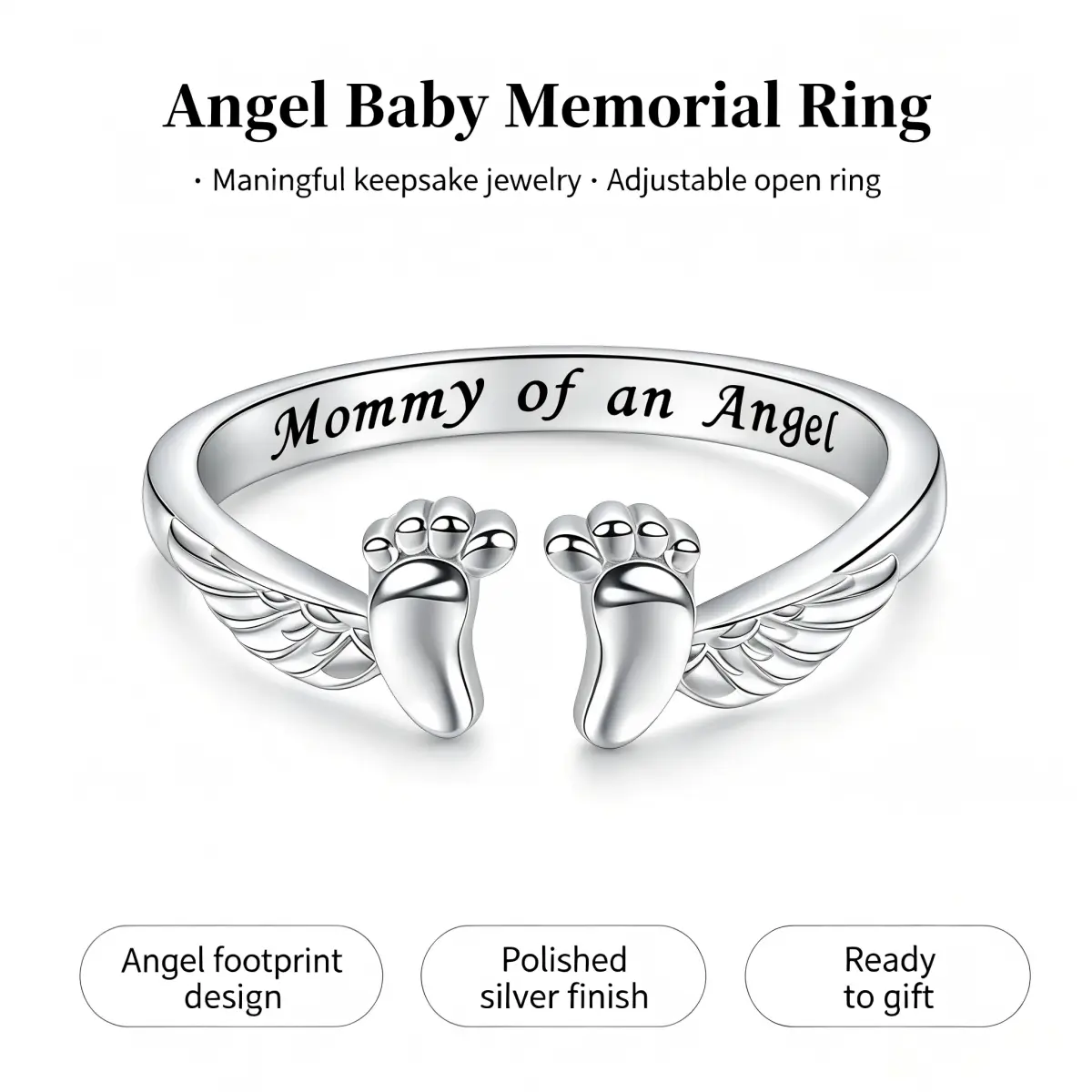Women's Adjustable Footprint-Wing Cuff Angel Ring - Engraved "Mommy of an Angel", Costume Jewelry, Sentimental Sympathy Memorial Gift for Women, Angel Ring Rings