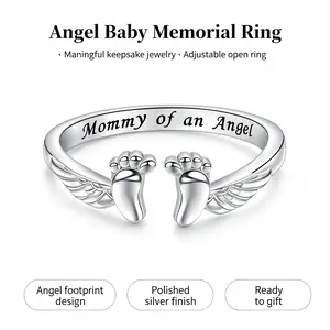 Women's Adjustable Footprint-Wing Cuff Angel Ring - Engraved "Mommy of an Angel", Costume Jewelry, Sentimental Sympathy Memorial Gift for Women, Angel Ring Rings