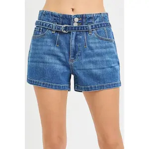 RISEN Double Button Slouchy Denim Shorts with Belt