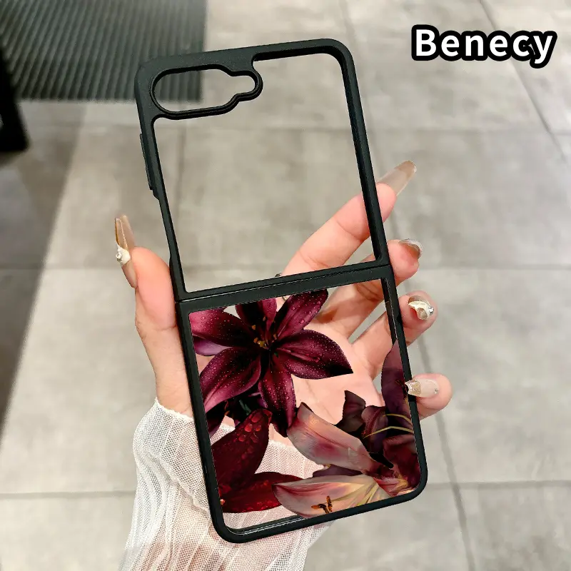 Lily with Dews Pattern Silicone TPU Smartphone Casing for Z Flip 7/6/5/4, Handheld Cellphone Devices Protective Folding Case with Double Protection & Camera Lens Cover