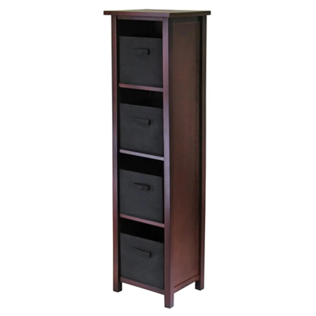 212 MAIN Verona 4-Section Storage Shelf with 4 Foldable Bins, Walnut and Black Finish, for Living Room Indoor Furniture Use, Four Sections