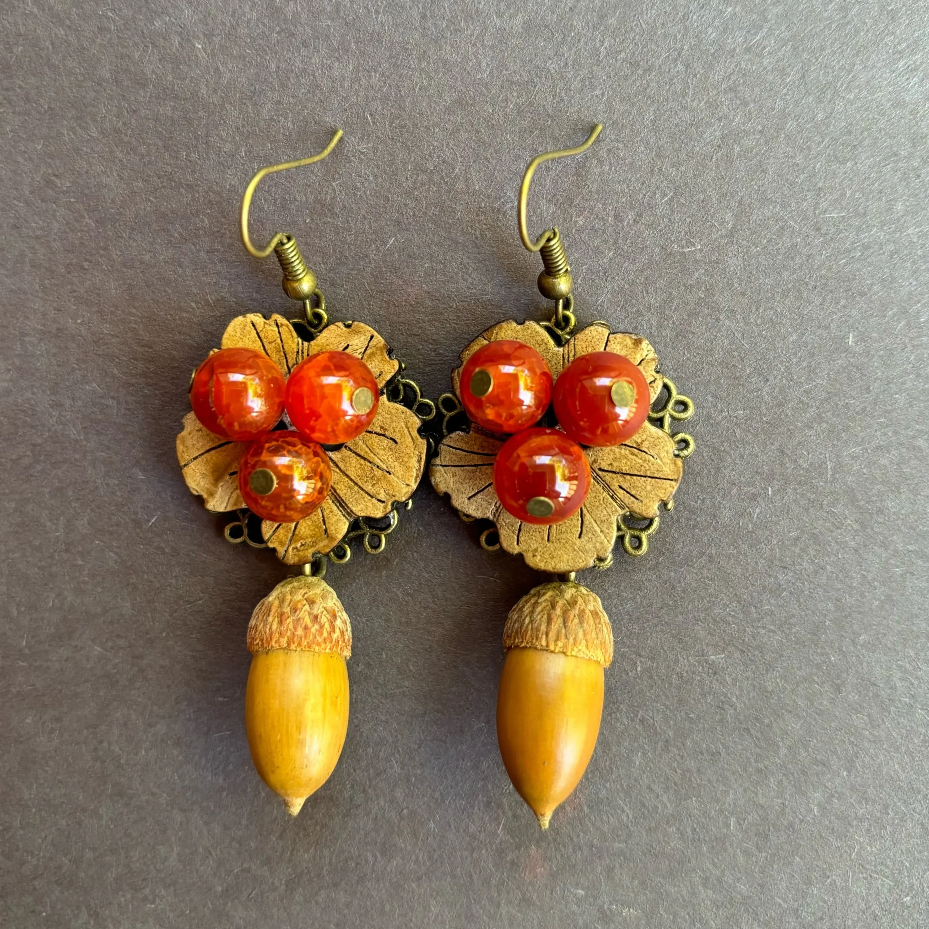 Exquisite Handcrafted Natural Acorn Agate Wooden Hook Earrings, Vintage Design