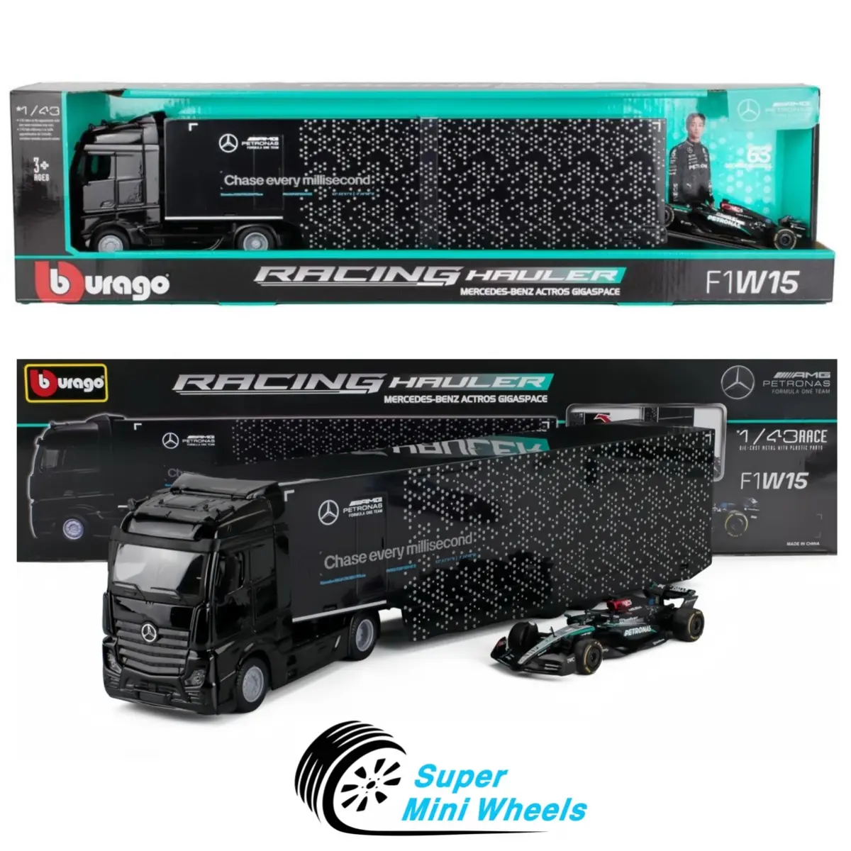 Bburago 1:43 Mercedes-Benz Actros Gigaspace & F1W15 #63 Russell – Racing Hauler