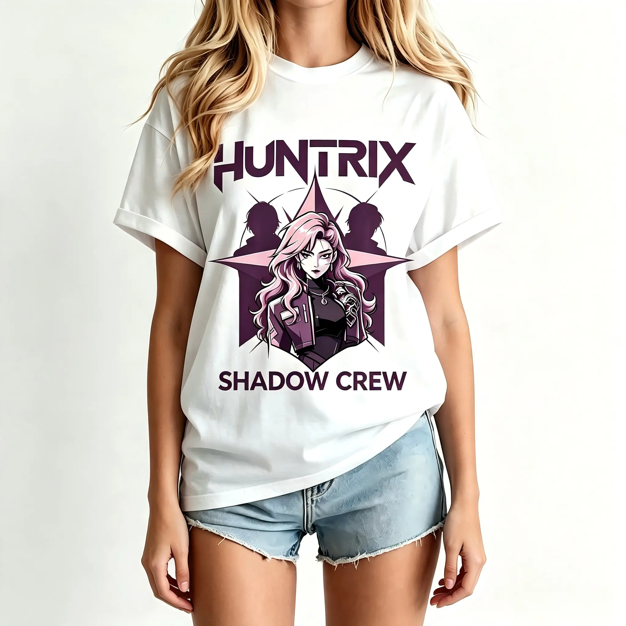 Menswear Oversized Unisex Huntrix Shadow Crew Tshirt - Y2K Cyber Aesthetic Anime Manga Girl Graphic, Soft Comfy Streetwear Crewneck Top for Anime Lovers' Daily Wear Menswear Tshirt