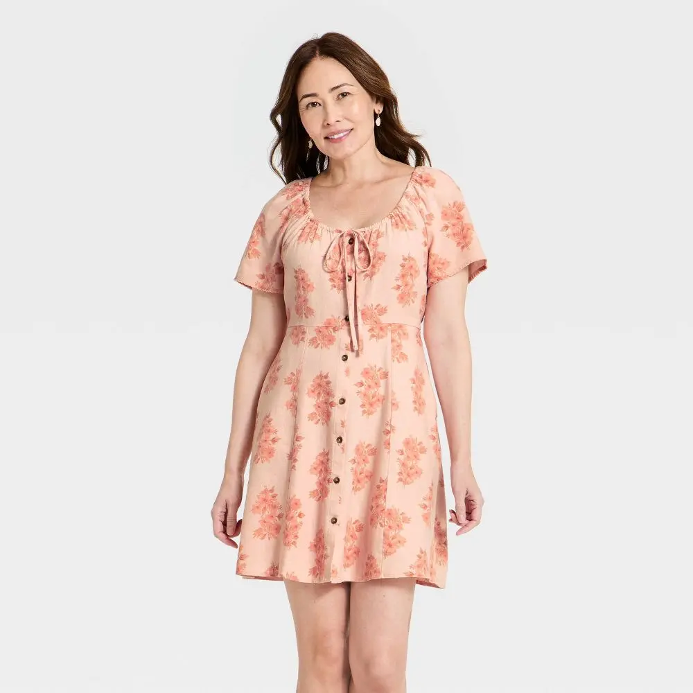 Women's Short Sleeve Button-Front Mini Sundress - Universal