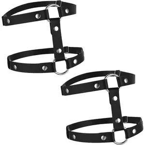 Leather Leg Harness, Adjustable Elastic 2 Rows Leather Leg Belt Ring Body Harness, Black Punk Garters Belts Thigh Holster Strap Club Halloween Body Chain Accessories Jewelry for Women