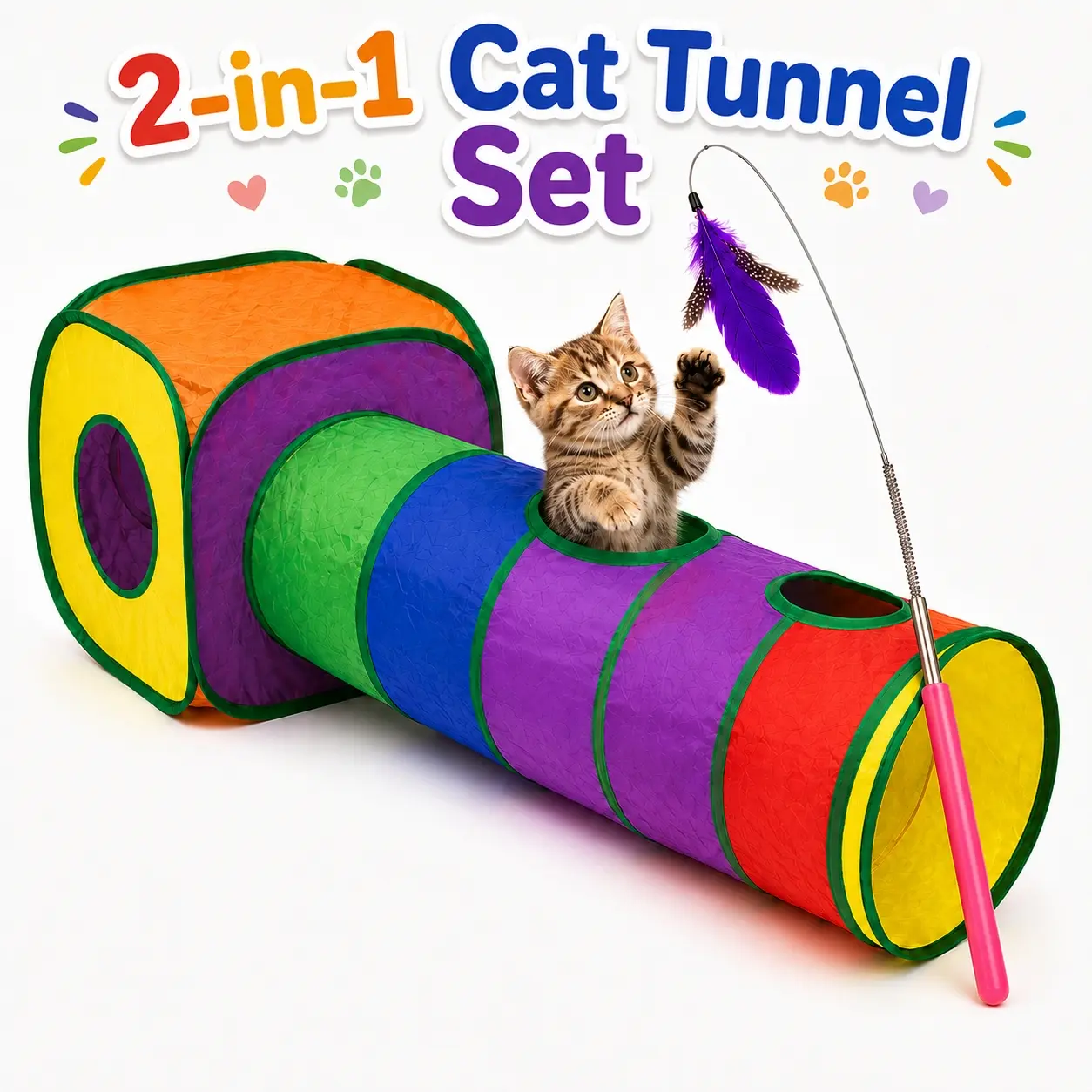 Foldable Rainbow Cat Tunnel & Cube Tent Set with Feather Teaser Wand. Interactive Pet Toy Playpen for Indoor Cats and Kittens. Collapsible Tube Tunnels to Keep Bored Kitty Active, Portable