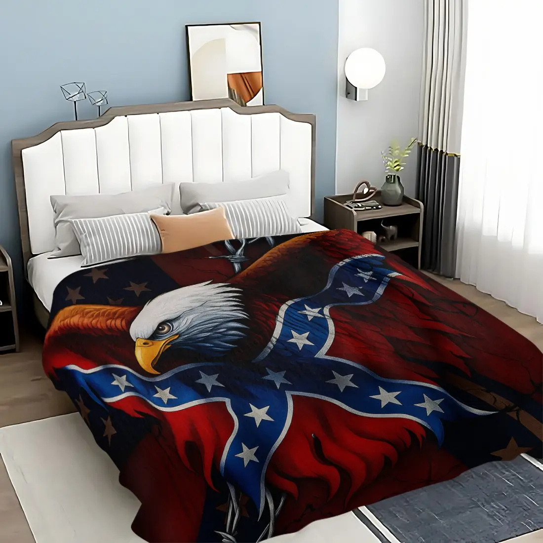 Soft Plush Blanket Blue American Flag Eagle Print, Comfortable Throw for Sofa Bed Living Room Home Decor