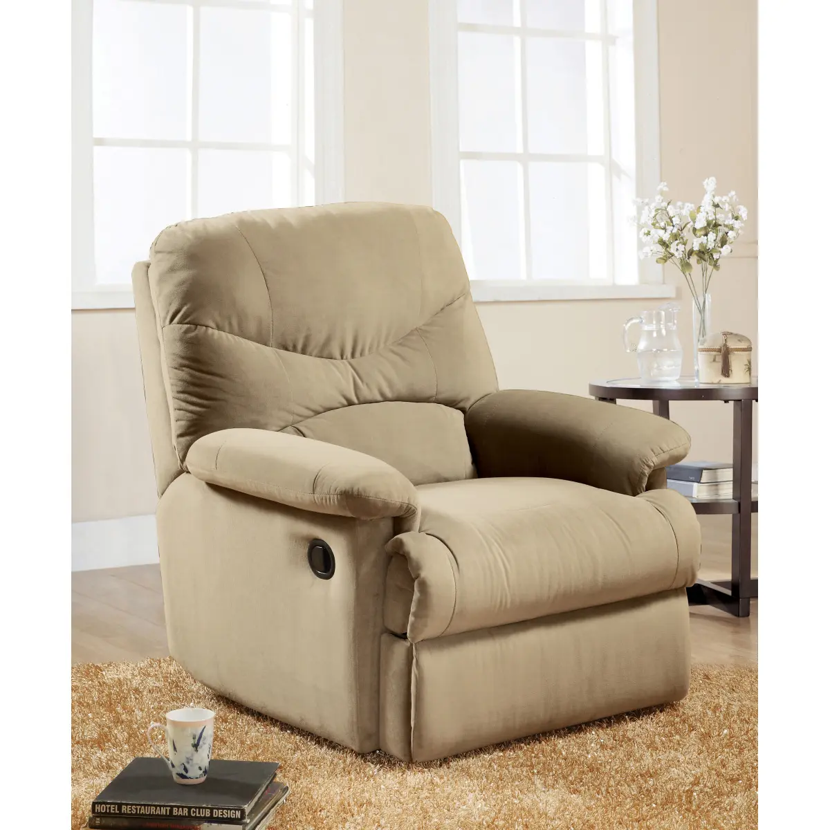 [Fahuac] Firm Floor-Friendly Cushion Support Motion Recliner - 3in Wall Clearance, Beige Microfiber, Pillow Top Armrest, 35x35x40in, Firm Recliners, Floor-Friendly Recliners