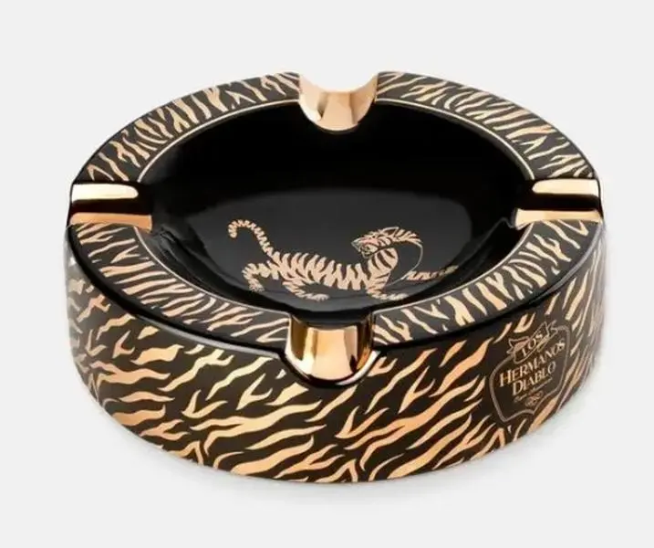 Tiger Large Black & Gold Ceramic Ashtray - Indoor/Outdoor New Ceramic Design with Tiger Motif