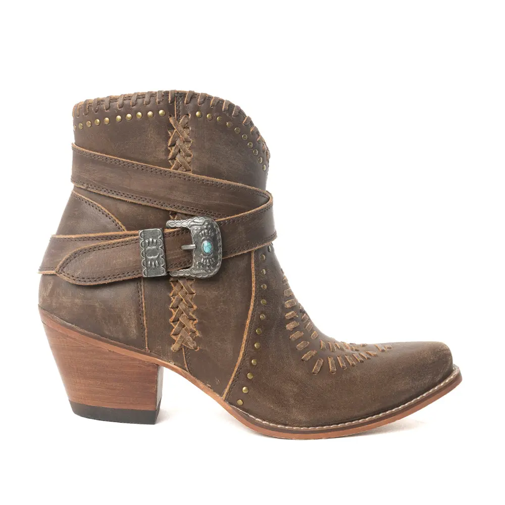 Myra Haley's High Peak Booties for Women with genuine leather in brown with handwoven detail and snip toe finish