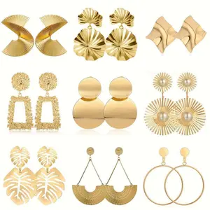 Golden Metal 9 Pcs Clip On Drop Earrings for Women - Geometric, Punk, and Exaggerated Statement Earrings, Non Pierced, Jewelry for Glamour
