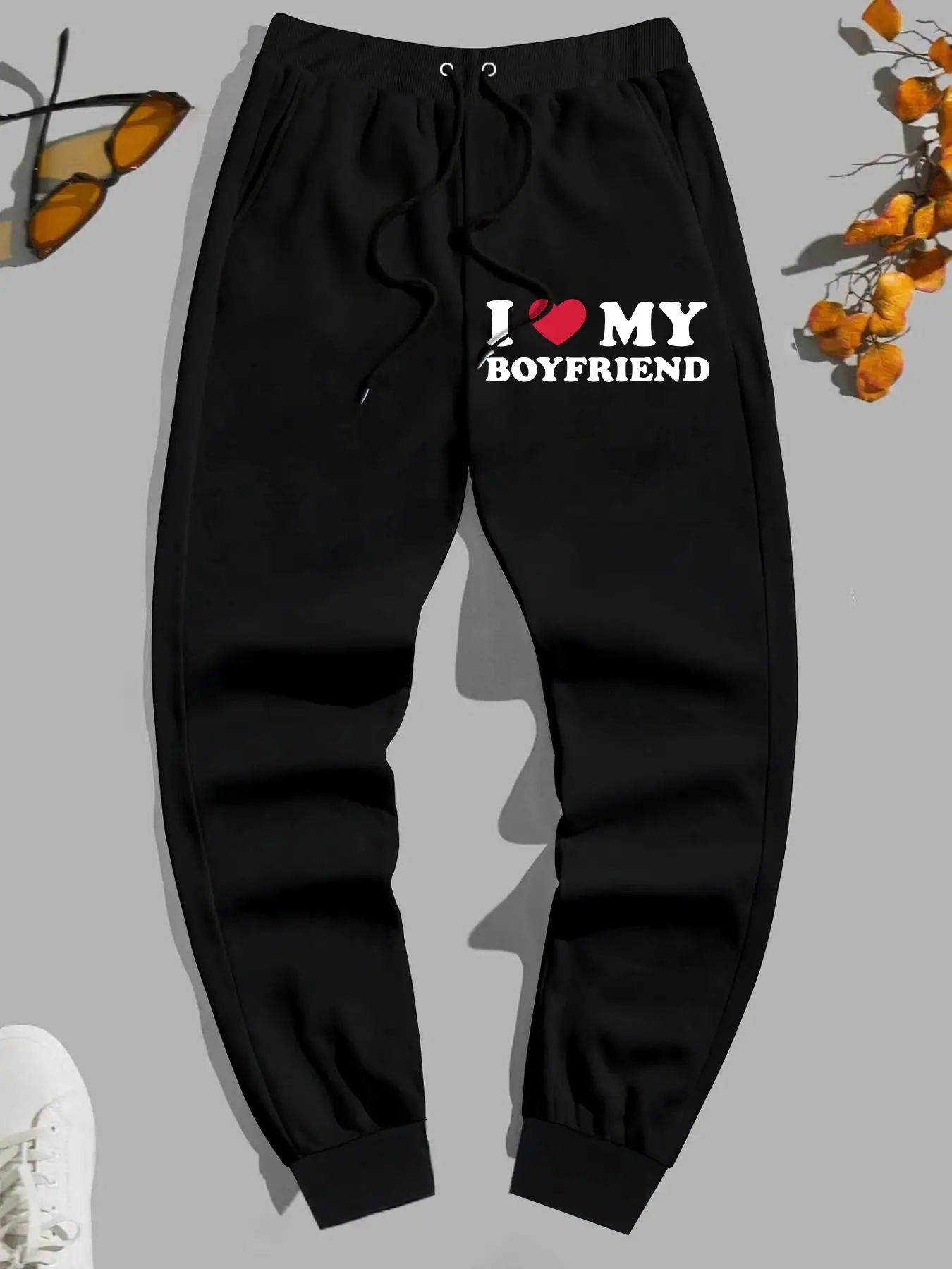 Men's Letter & Heart Print Pocket Drawstring Waist Sweatpants, Regular Fit Casual "I Love My BF" Print Jogger Pants For Daily Wear, Men's Spring & Fal