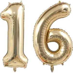 40 Inch Light Gold Giant 16 Foil Mylar Helium Digital Balloon for 16th or 61st Birthday Anniversary Party Decorations Supplies